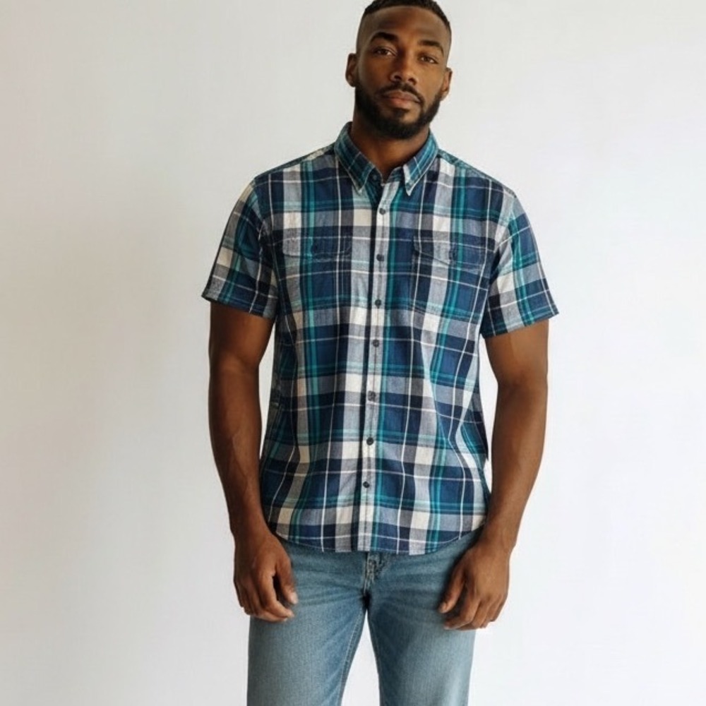 Aeropostale Men Blue Teal Plaid Short Sleeve Button Down Shirt Size Large Cotton